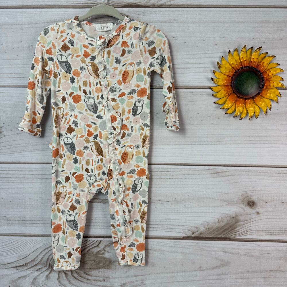 angel dear autumn owls bamboo‎ ruffle romper 3-6M